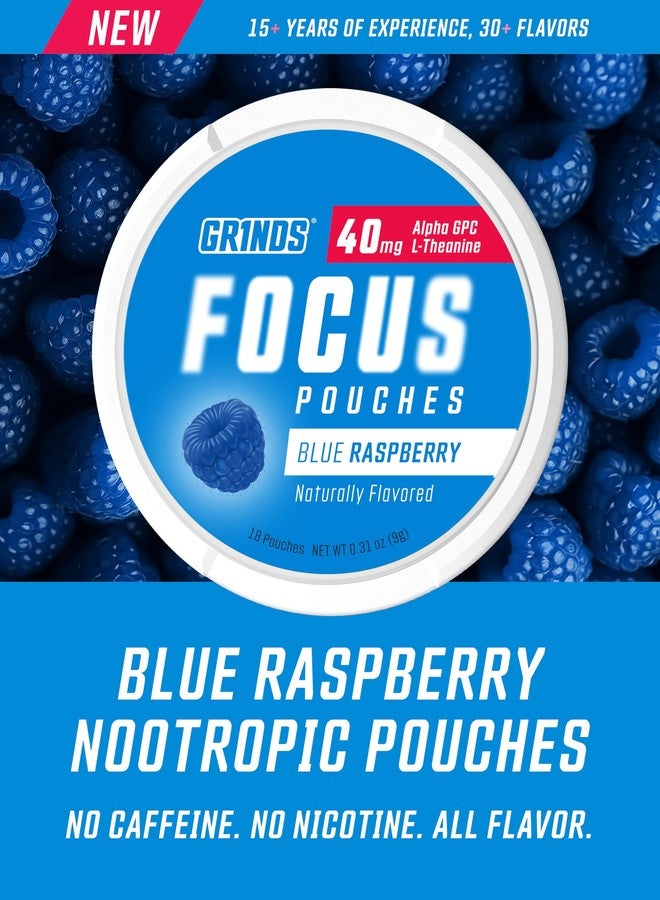 GRINDS Focus Pouches - Naturally Flavored with Nootropic Ingredients - Contains Alpha GPC and L-Theanine - Nicotine-Free, Sugar-Free - 3 Pack, 18 Pouches Per Can - Blue Raspberry - Image 2